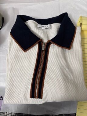 REISS 1/4 zippered textured polo shirt. White with navy blue trim.